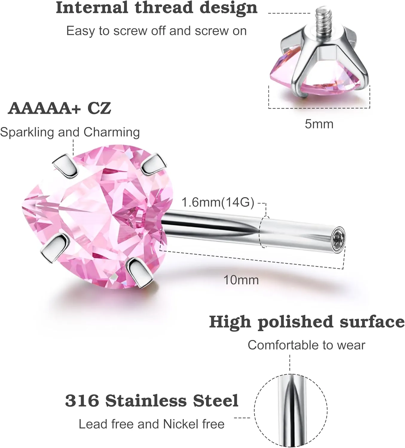 Dochais Pink Heart Belly Button Ring Piercing 8Pcs 14G Surgical Stainless Steel Navel Piercing Jewelry Hypoallergenic Cute Opal Butterfly Belly Button Rings for Women