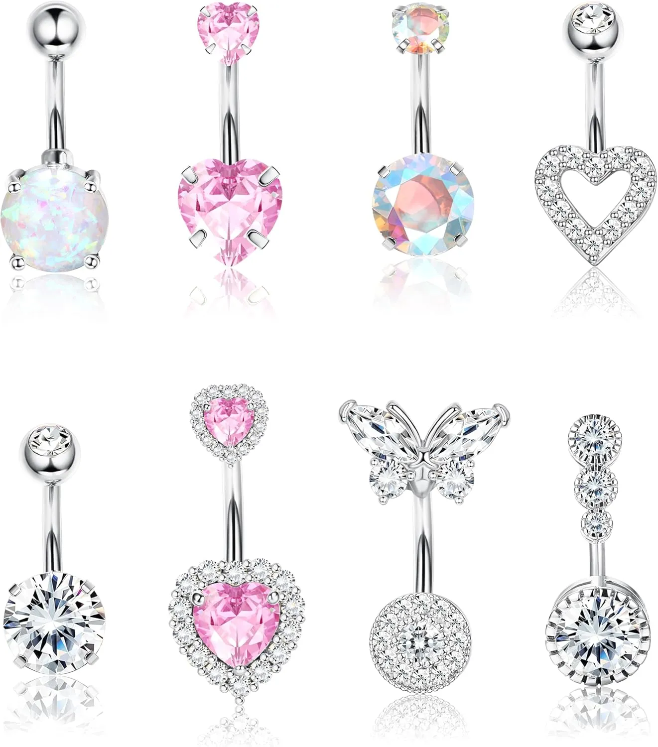 Dochais Pink Heart Belly Button Ring Piercing 8Pcs 14G Surgical Stainless Steel Navel Piercing Jewelry Hypoallergenic Cute Opal Butterfly Belly Button Rings for Women