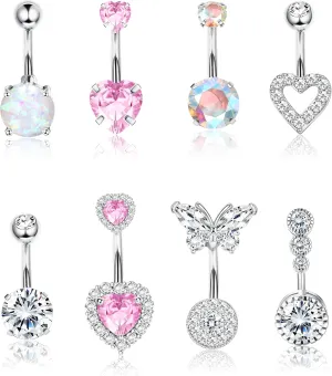 Dochais Pink Heart Belly Button Ring Piercing 8Pcs 14G Surgical Stainless Steel Navel Piercing Jewelry Hypoallergenic Cute Opal Butterfly Belly Button Rings for Women