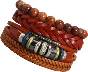DOITOOL Cuff Bracelet 4pcs Bracelets Bead Leather Wrist Vintage Adjustable Bracelet Braided Ropes Beaded Fashion Rope, 6X6CM, Faux Leather