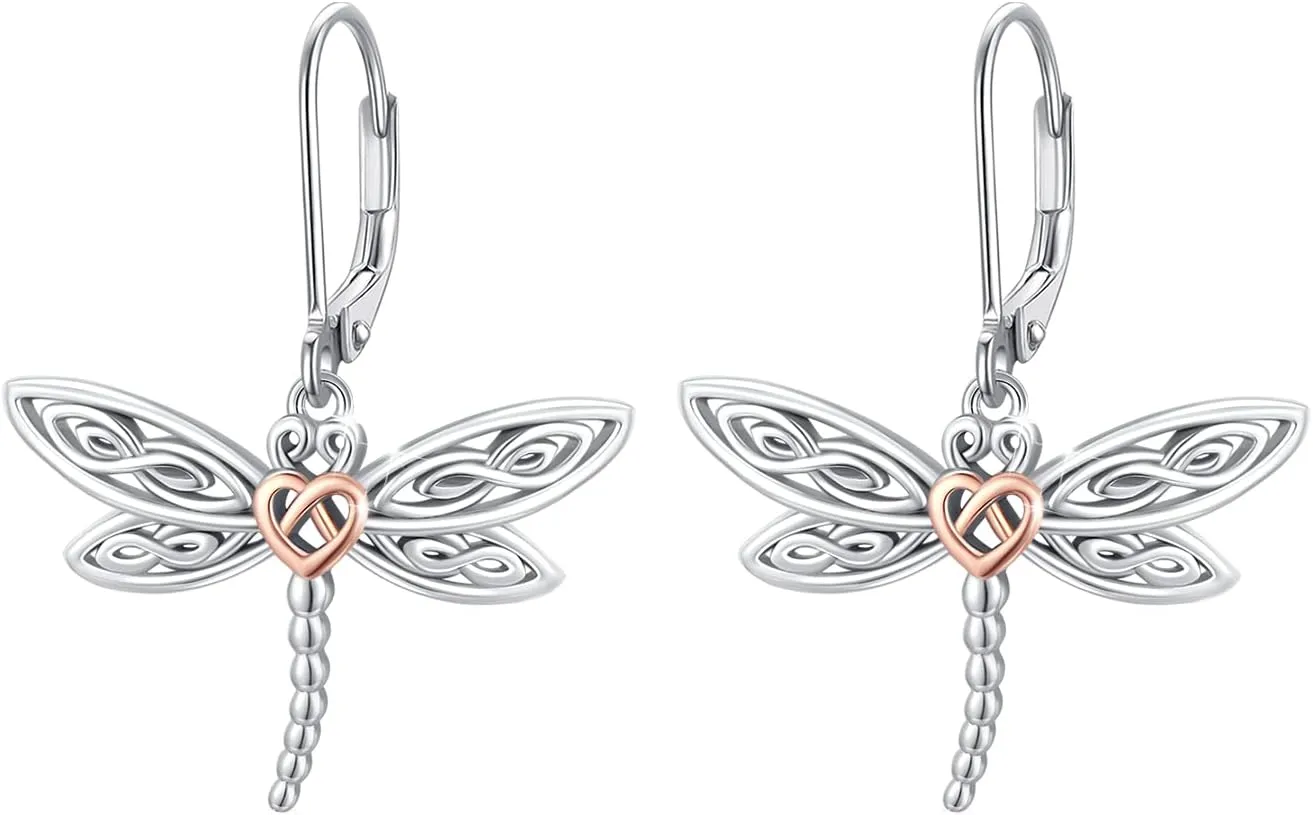 Dragonfly Leverback Hoop Hook Earrings 925 Sterling Silver Celtic Dangle Drop Earrings Dragonfly Huggie Earrings Dragonfly Jewelry Gifts for Women