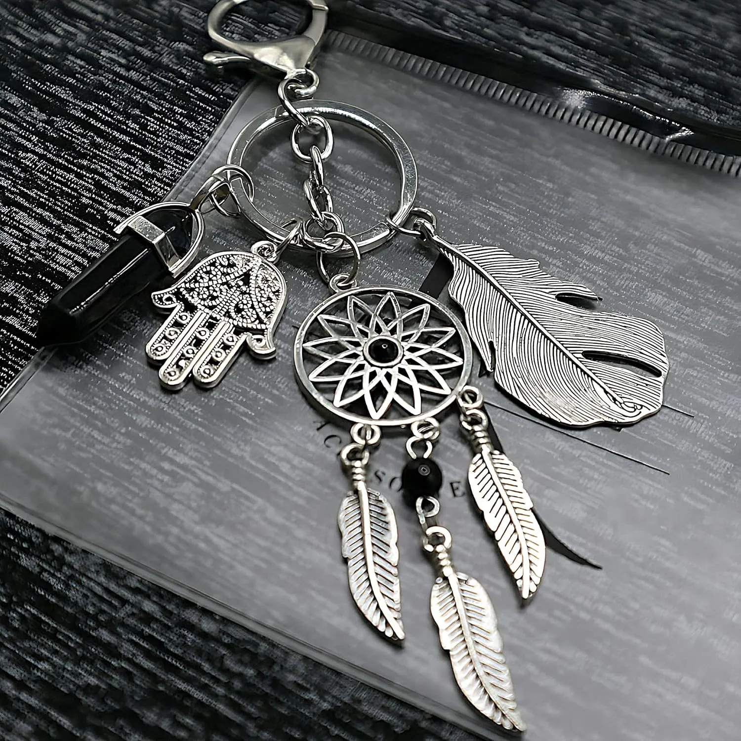 Dreamcatcher Protection Good Luck Hamsa Evil Eye Charms Gemstone Keychain for Car Key Ring For Men and Women