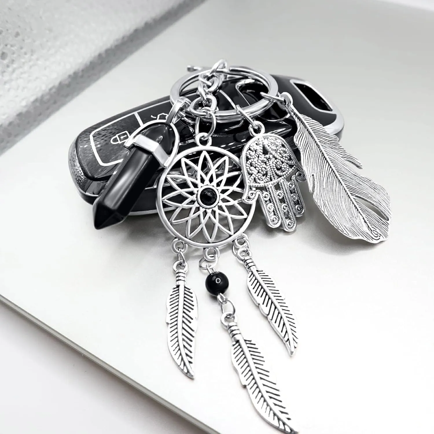 Dreamcatcher Protection Good Luck Hamsa Evil Eye Charms Gemstone Keychain for Car Key Ring For Men and Women