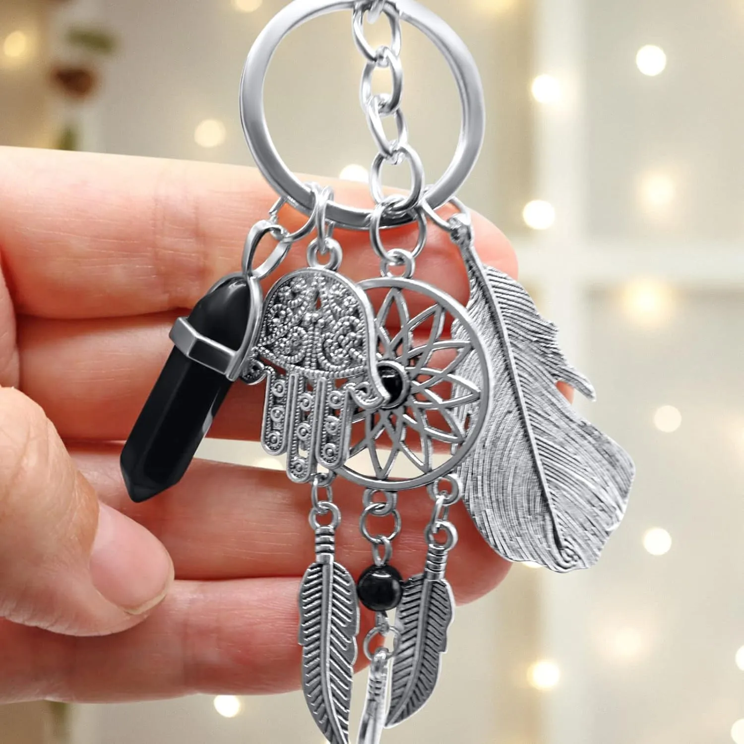 Dreamcatcher Protection Good Luck Hamsa Evil Eye Charms Gemstone Keychain for Car Key Ring For Men and Women