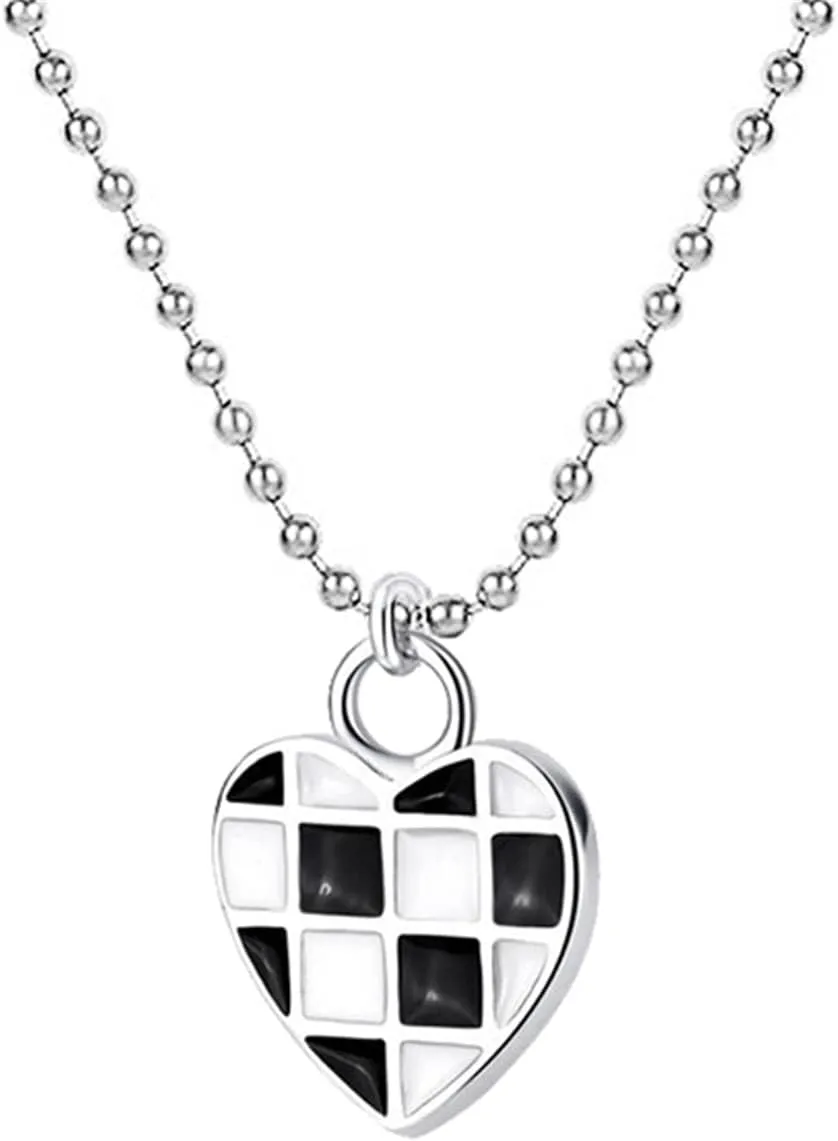 Dreuyet Checkered Flag Necklace for Women Unique Classic Vintage Enamel Black White Striped Checkerboard Racing Heart Love Pendant Necklace