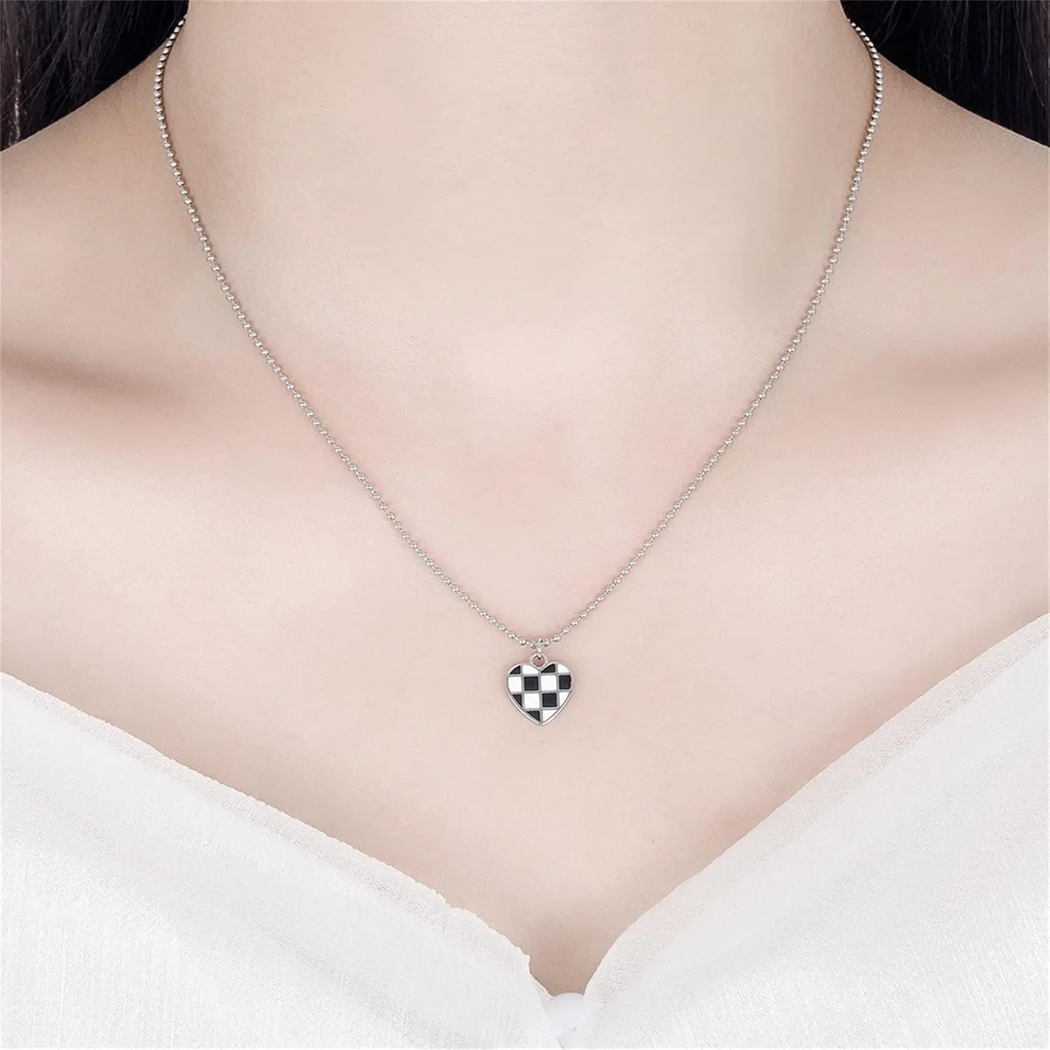 Dreuyet Checkered Flag Necklace for Women Unique Classic Vintage Enamel Black White Striped Checkerboard Racing Heart Love Pendant Necklace
