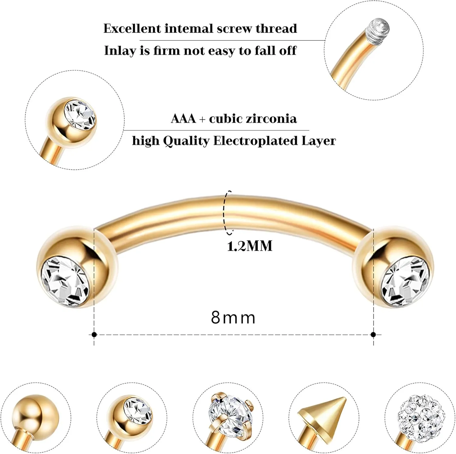 Drperfect 10Pcs 16G Rook Daith Earrings for Women Stainless Steel Belly Lip Ring Cartilage Tragus CZ Body Piercing Curved Barbell Eyebrow Rings 6-8mm