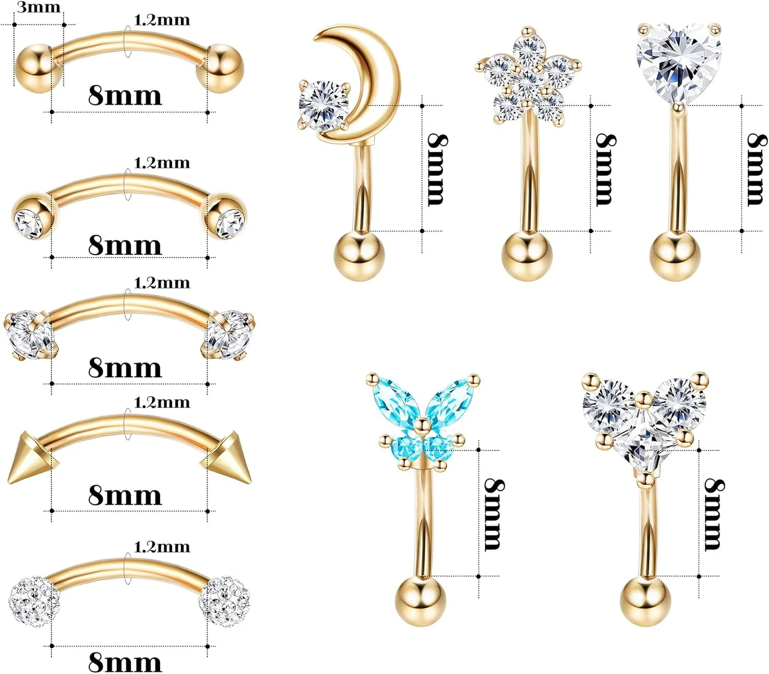 Drperfect 10Pcs 16G Rook Daith Earrings for Women Stainless Steel Belly Lip Ring Cartilage Tragus CZ Body Piercing Curved Barbell Eyebrow Rings 6-8mm
