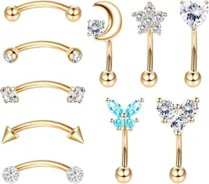Drperfect 10Pcs 16G Rook Daith Earrings for Women Stainless Steel Belly Lip Ring Cartilage Tragus CZ Body Piercing Curved Barbell Eyebrow Rings 6-8mm