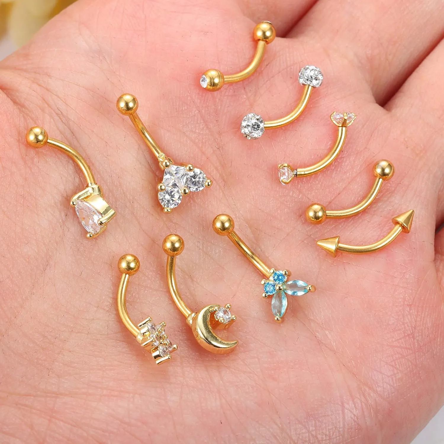 Drperfect 10Pcs 16G Rook Daith Earrings for Women Stainless Steel Belly Lip Ring Cartilage Tragus CZ Body Piercing Curved Barbell Eyebrow Rings 6-8mm
