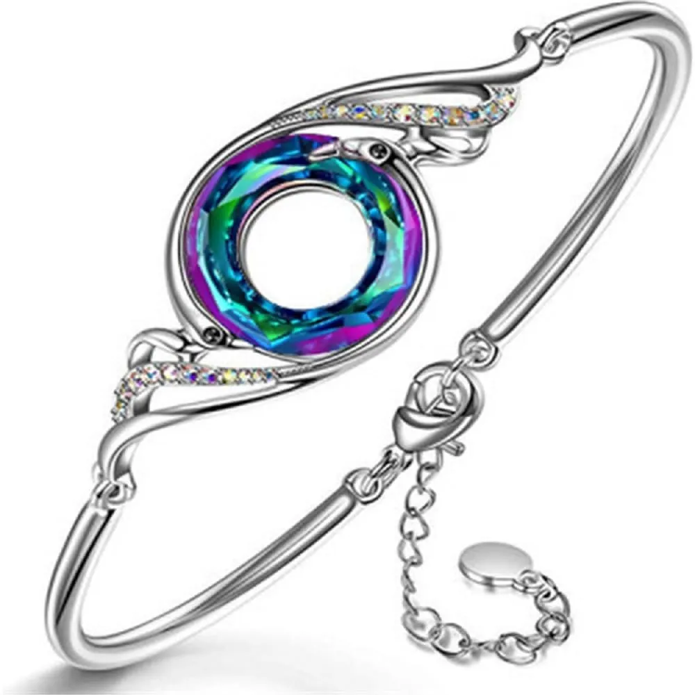 DTECGOUG 14k Silver Plated Austrian Crystal Peacock Bracelet Women's Adjustable Stackable Bracelet Birthday Gift for Girlfriends Energy Charm Bracelet Handmade Women's Jewelry