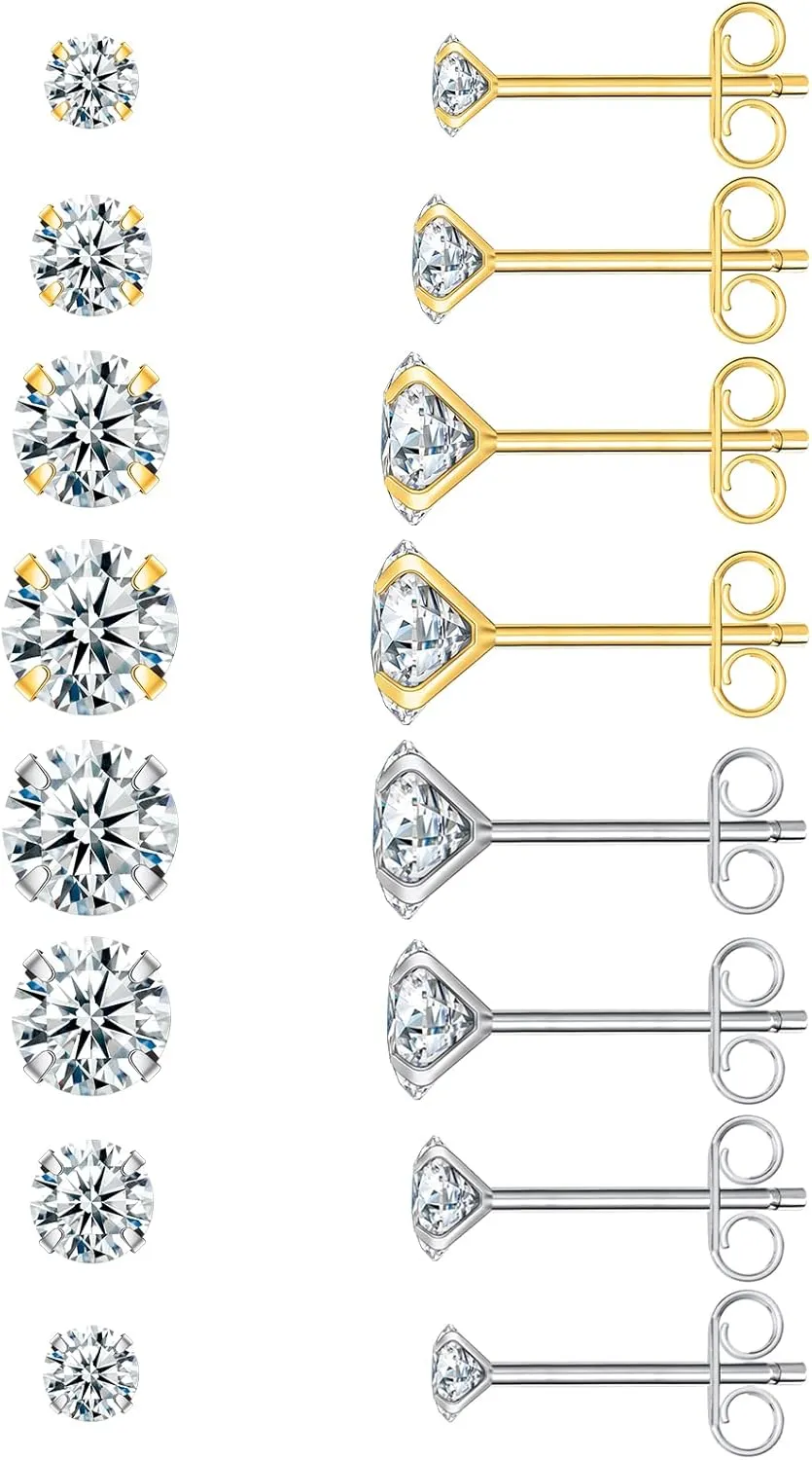 Earrings for Women, 7/8 Pairs Stud Earrings Set for Men, COMOSO 18K White Gold Plated S925 Sterling Silver Cubic Zirconia Earrings Studs 3-8mm, Birthday Christmas Gift