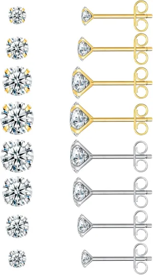 Earrings for Women, 7/8 Pairs Stud Earrings Set for Men, COMOSO 18K White Gold Plated S925 Sterling Silver Cubic Zirconia Earrings Studs 3-8mm, Birthday Christmas Gift