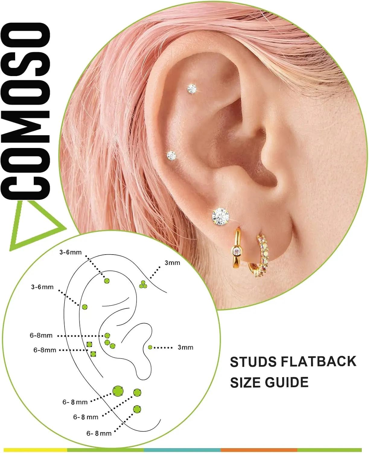 Earrings for Women, 7/8 Pairs Stud Earrings Set for Men, COMOSO 18K White Gold Plated S925 Sterling Silver Cubic Zirconia Earrings Studs 3-8mm, Birthday Christmas Gift