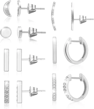 Earrings for Women Hoop Huggie Girls Ear Piercing Minimalist Cuff Mini Bar Dainty Stud Perfect for Gifting Rose Gold Plated AAA  Cubic Zirconia Small Set 14pcs Earrings (14Pcs Set) (Silver)