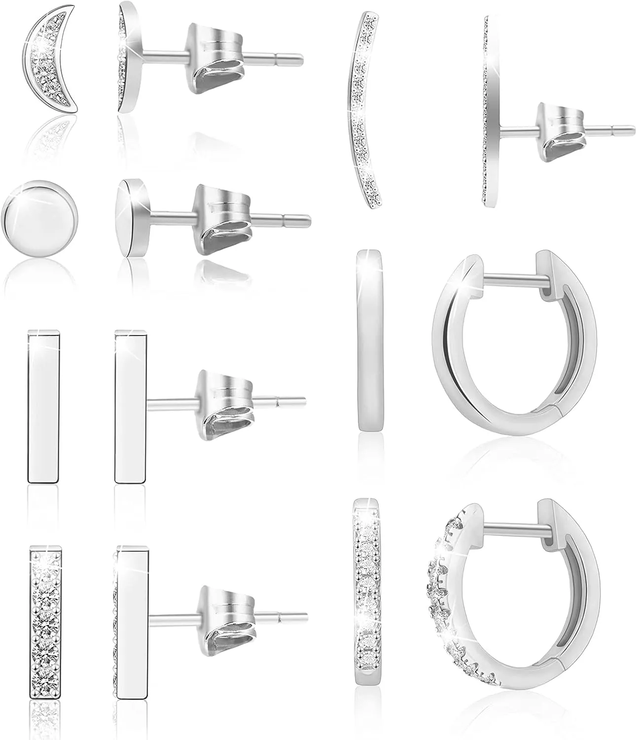 Earrings for Women Hoop Huggie Girls Ear Piercing Minimalist Cuff Mini Bar Dainty Stud Perfect for Gifting Rose Gold Plated AAA  Cubic Zirconia Small Set 14pcs Earrings (14Pcs Set) (Silver)