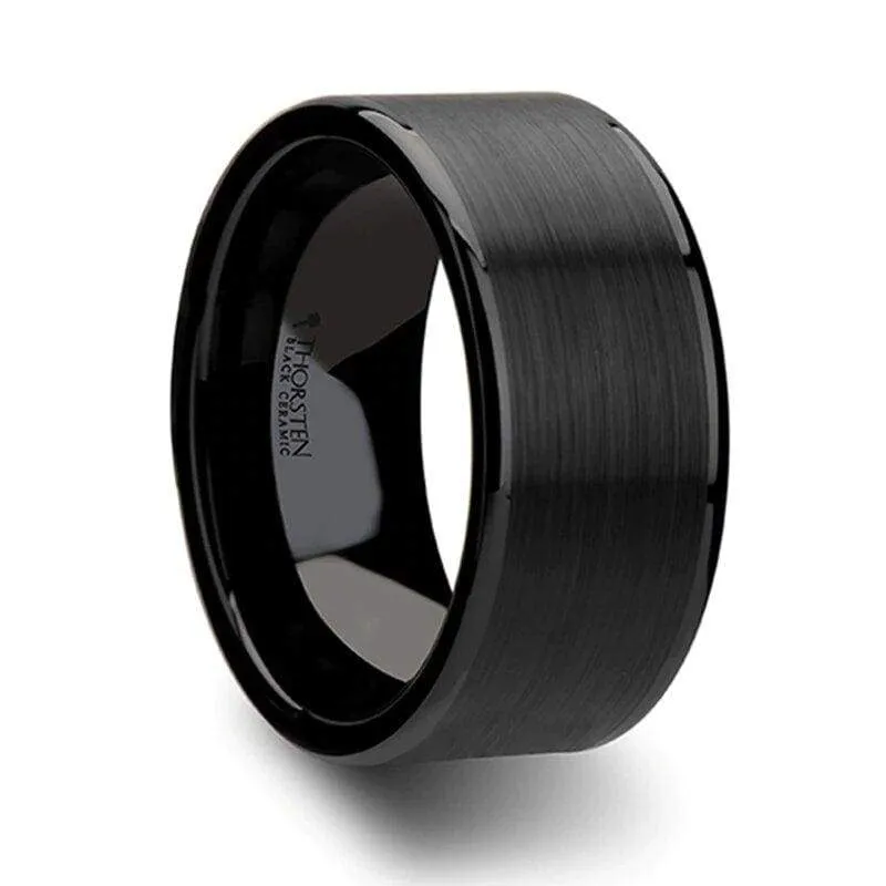 Echan Couple's Black Ceramic Wedding Band Set And Brush Center - 4mm - 12mm