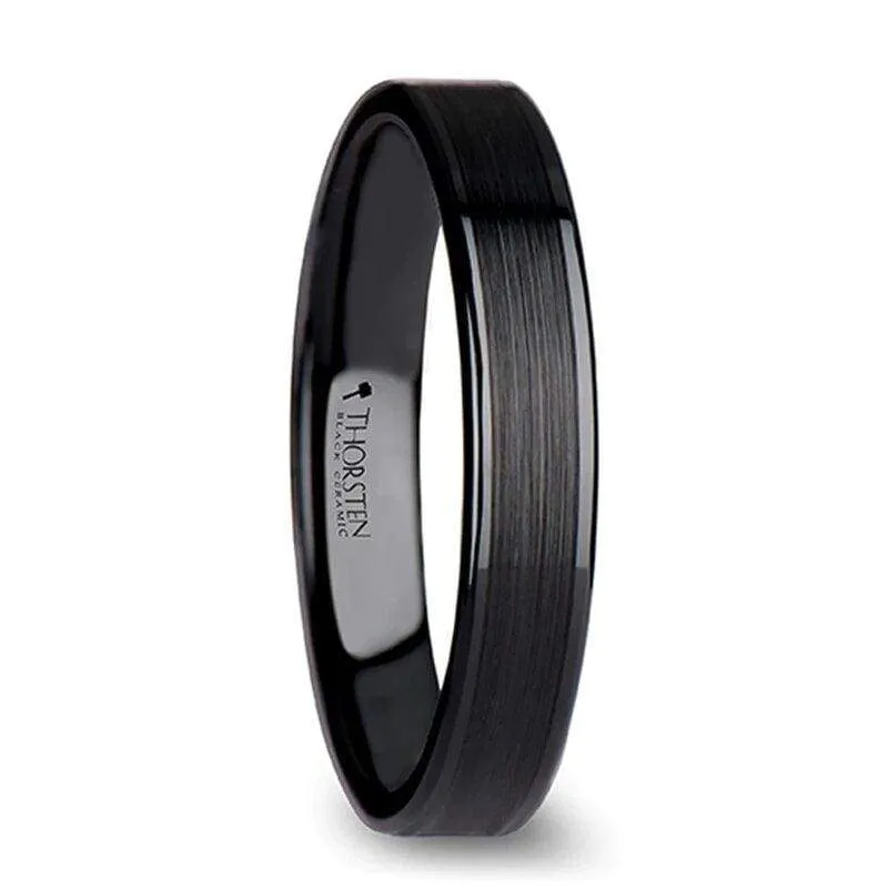 Echan Couple's Black Ceramic Wedding Band Set And Brush Center - 4mm - 12mm