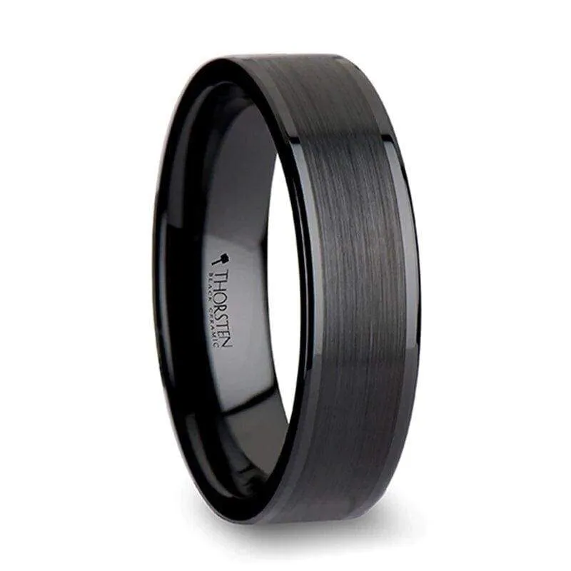 Echan Couple's Black Ceramic Wedding Band Set And Brush Center - 4mm - 12mm