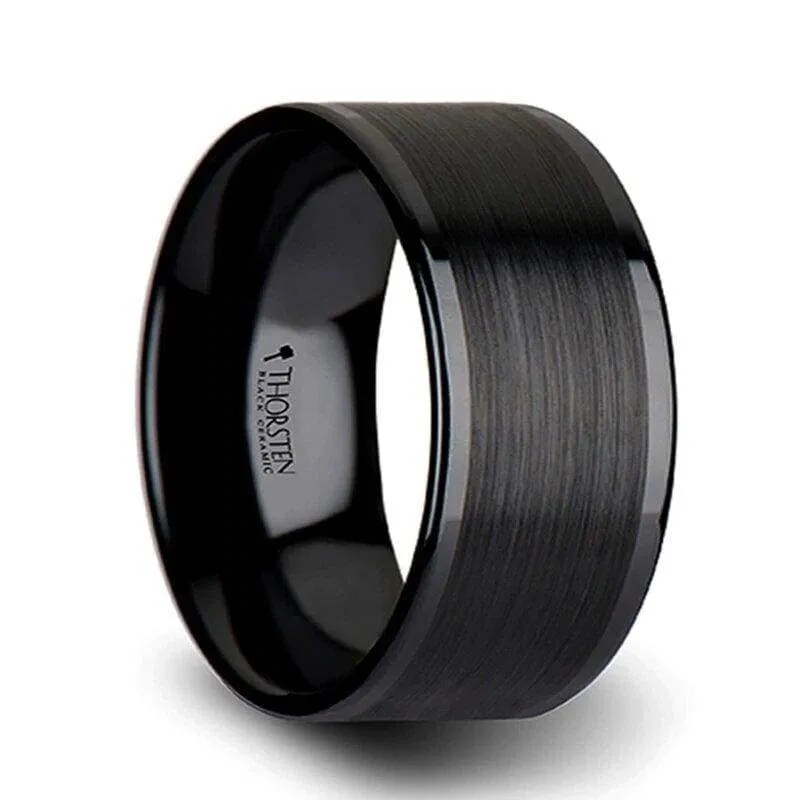 Echan Couple's Black Ceramic Wedding Band Set And Brush Center - 4mm - 12mm