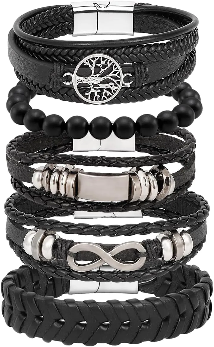 Eigso 12Pcs Braided Leather Bracelets Set for Men Women Hemp Cords Wooden Beads Adjustable Wrap Bracelets