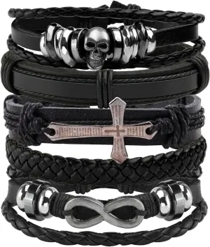 Eigso 6 Pcs Leather Bracelet Braided Wide Wristband Women Men Punk Rock Jewelry Skull
