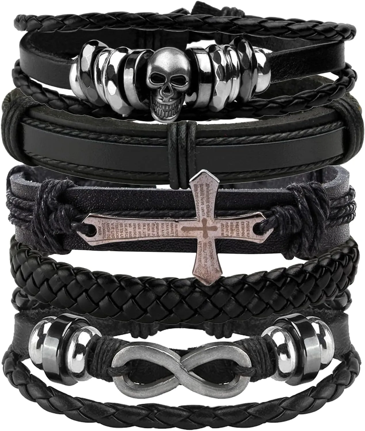 Eigso 6 Pcs Leather Bracelet Braided Wide Wristband Women Men Punk Rock Jewelry Skull