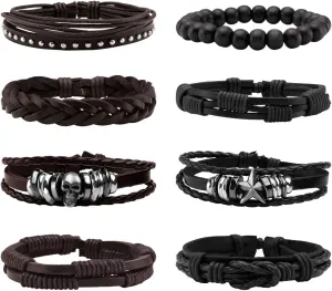 Eigso Unisex PU Leather Punk Cuff Bracelet with Woodden Beads for Men Women Drawstring Adjustable