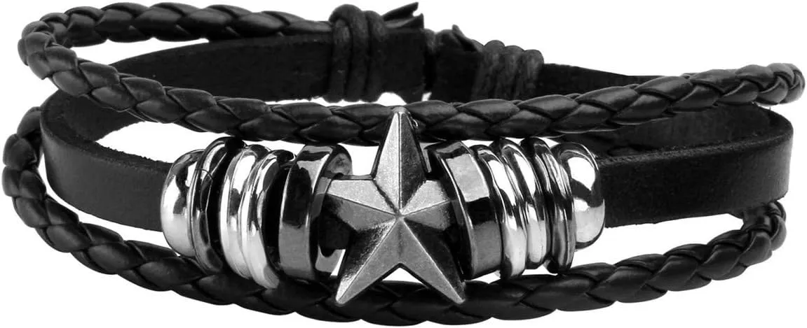 Eigso Unisex PU Leather Punk Cuff Bracelet with Woodden Beads for Men Women Drawstring Adjustable