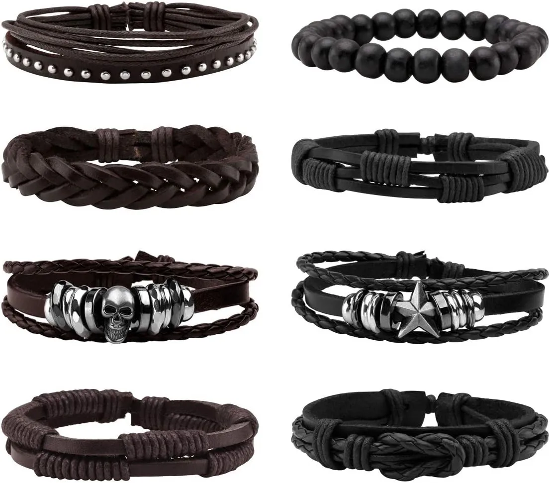 Eigso Unisex PU Leather Punk Cuff Bracelet with Woodden Beads for Men Women Drawstring Adjustable