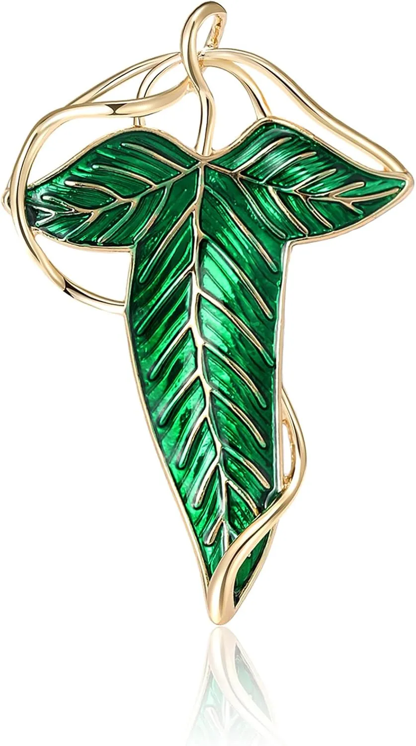 Elegant Elven Green Tree Leaf Enamel Pin Deluxe Brooch for Women and Men | White Gold-Plated Cosplay Jewelry | Cloak Clasp, Suit Pendant, Daily Wear Accessory Silver