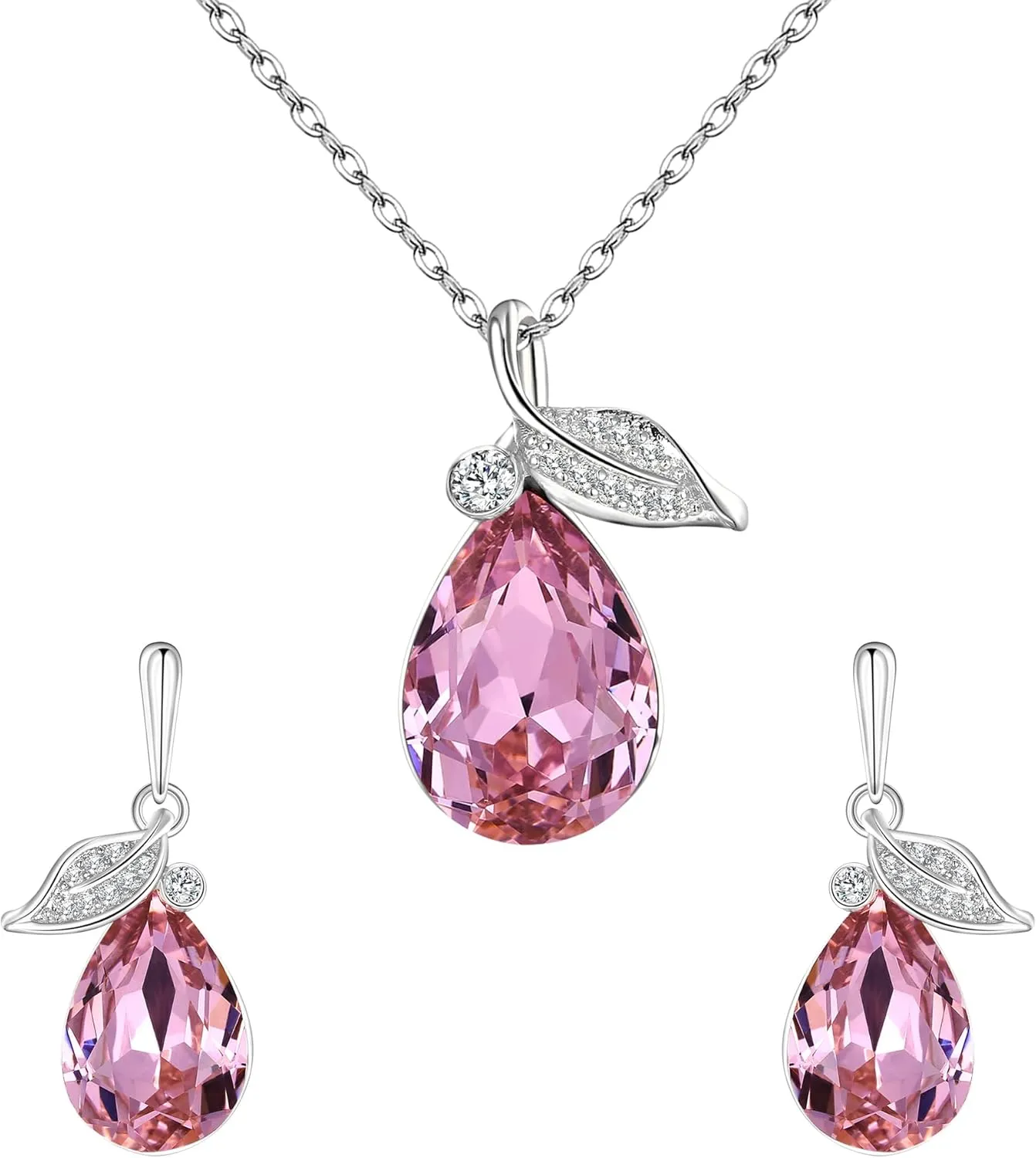 EleQueen Austrian Crystal Cubic Zirconia Leaf Vine Teardrop Pendant Necklace Dangle Earrings Jewelry Sets for Women Valentine's Mother's Day
