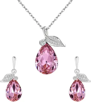 EleQueen Austrian Crystal Cubic Zirconia Leaf Vine Teardrop Pendant Necklace Dangle Earrings Jewelry Sets for Women Valentine's Mother's Day