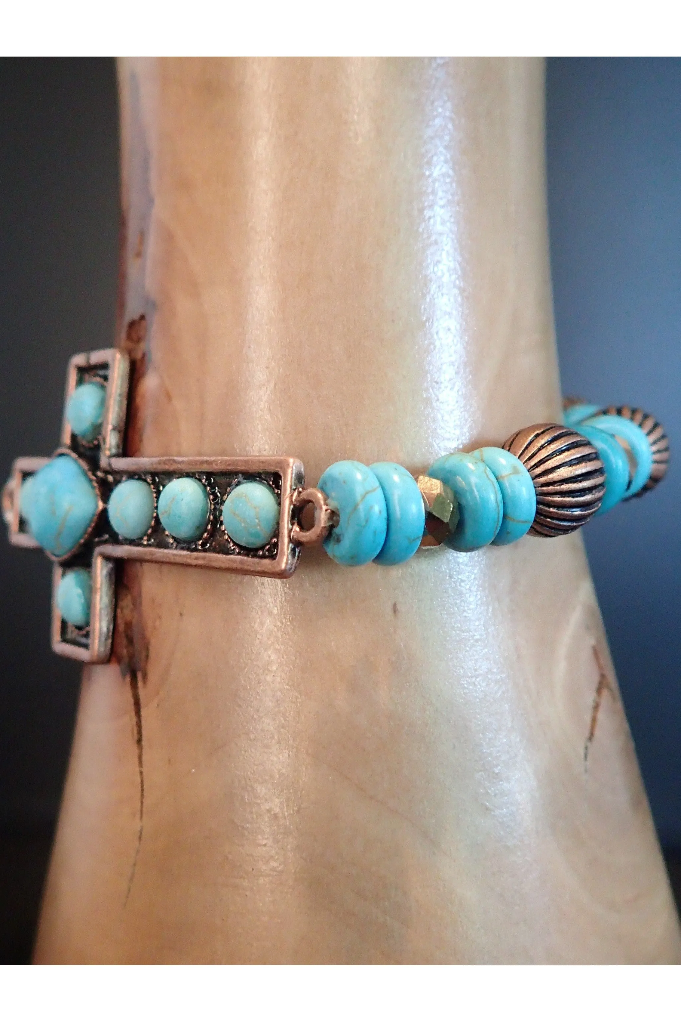 Emma Turquoise And Copper Stretch Cross Bracelet