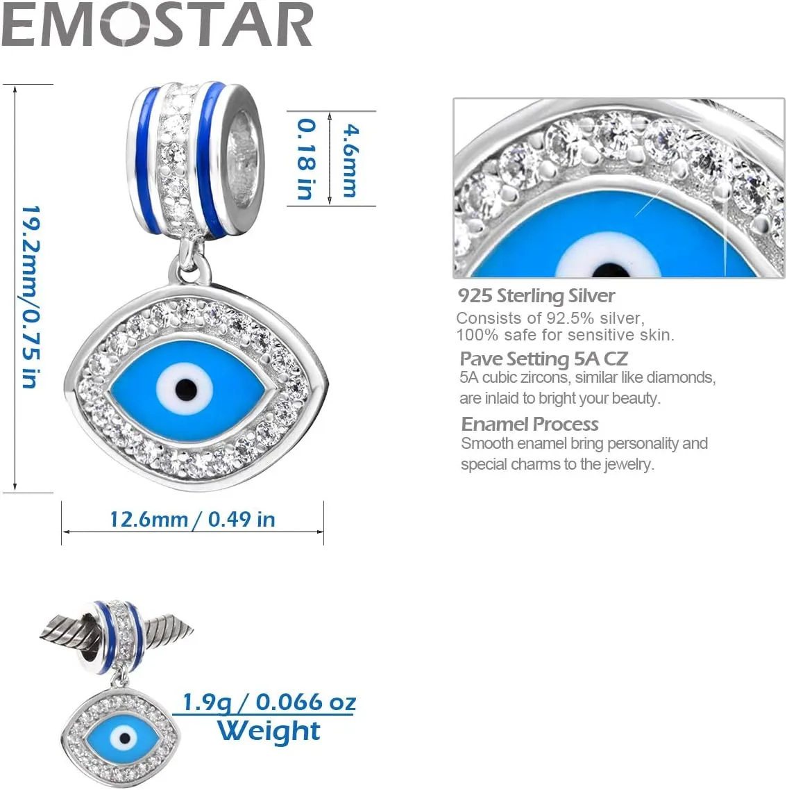 EMOSTAR Evil Eye Charms fits European Charm Bracelet, Antique 925 Sterling Silver Eye of Horus Symbol of Amulet Beads with CZ, Gift for Halloween/Christmas