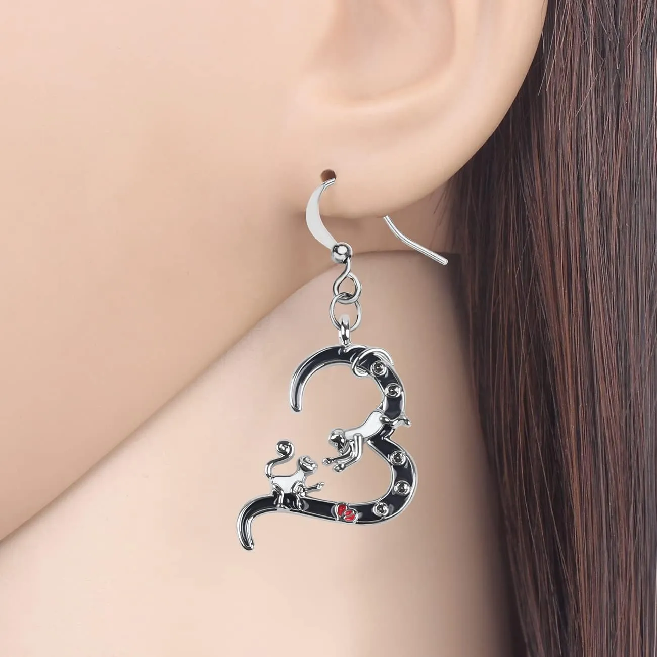 Enamel Alloy Cute Double Monkey Earrings Heart Drop Dangle Fashion Jewelry Birthday Mothers Day Gifts for Women