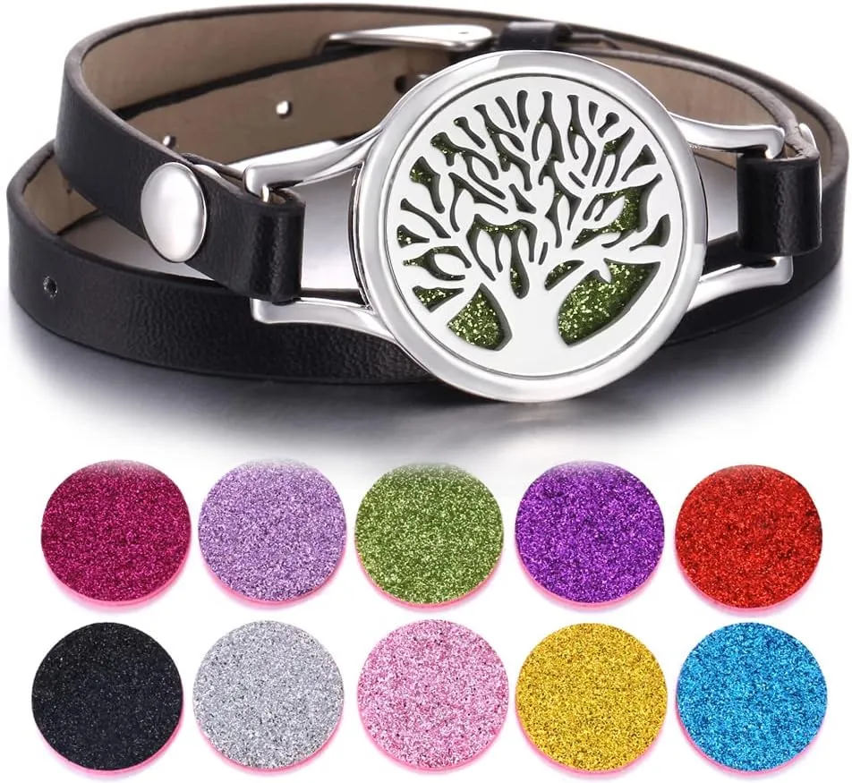 Essential Oil Diffuser Bracelet Black Leather Band Jewelry Unique Gift for Women, Girls at Birthday and Christmas Inexpensive Gifts for Friends Coworker XL080-21