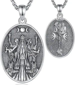 EUDORA Sterling Silver Goddess Hecate Necklace Medal for Women, Vintage Witch Triple Moon Goddess Pendant Witchy Wheel of Hecate Necklaces Wiccan Amulet Pagan Jewelry Gift for Women Witcher, 20" 2"