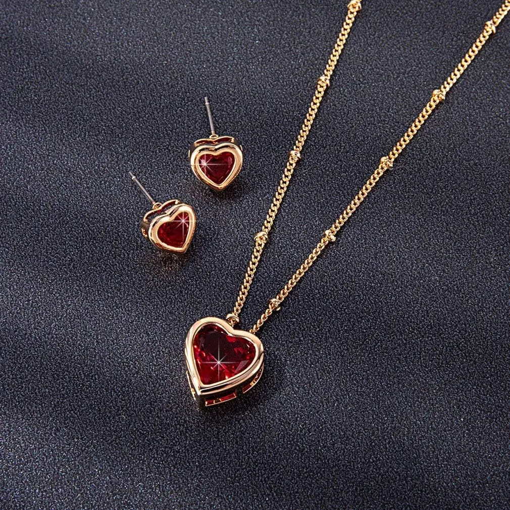 EVEVIC Austrian Crystal Heart Pendant Necklace Earrings for Women 14K Gold Plated Hypoallergenic Jewelry Set