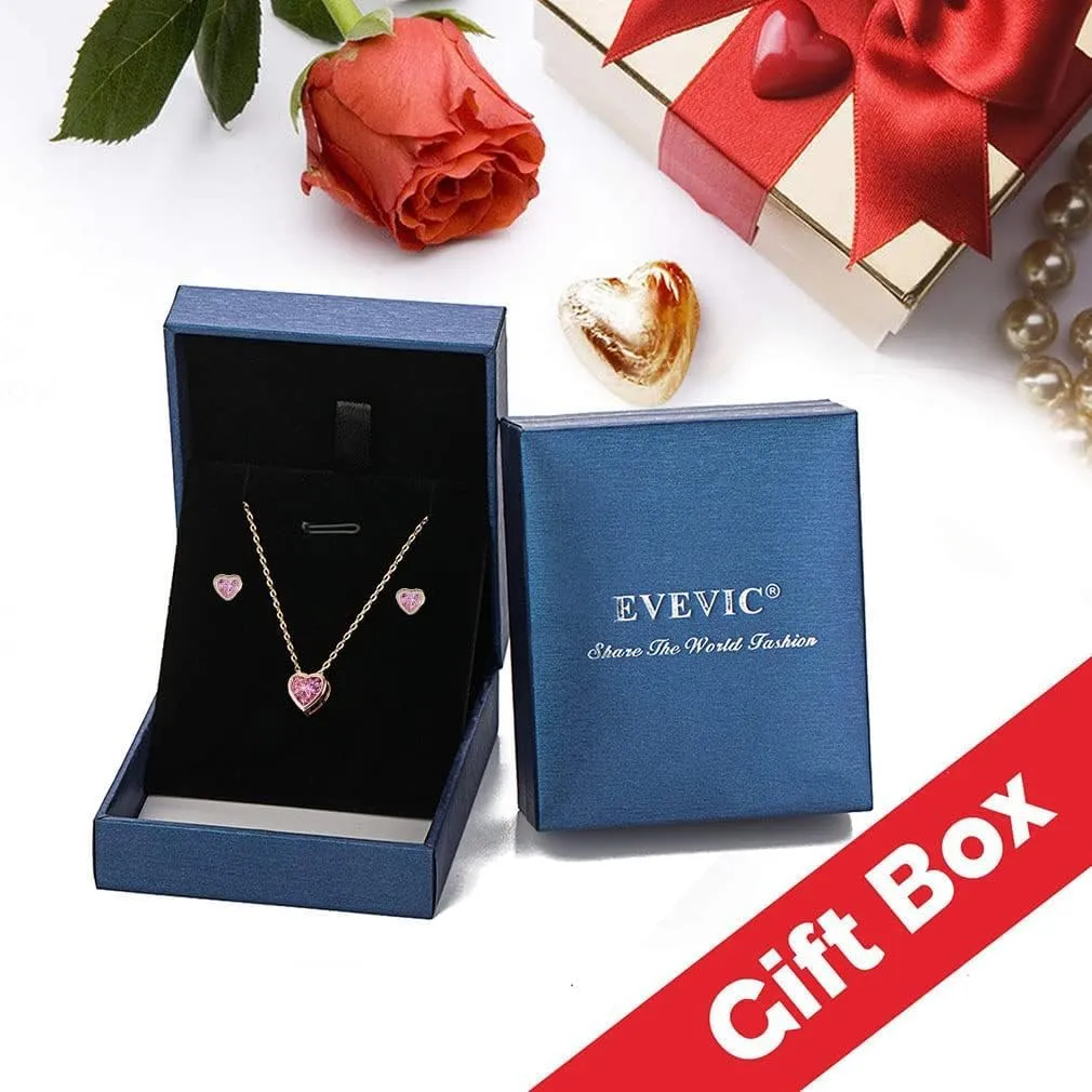 EVEVIC Austrian Crystal Heart Pendant Necklace Earrings for Women 14K Gold Plated Hypoallergenic Jewelry Set
