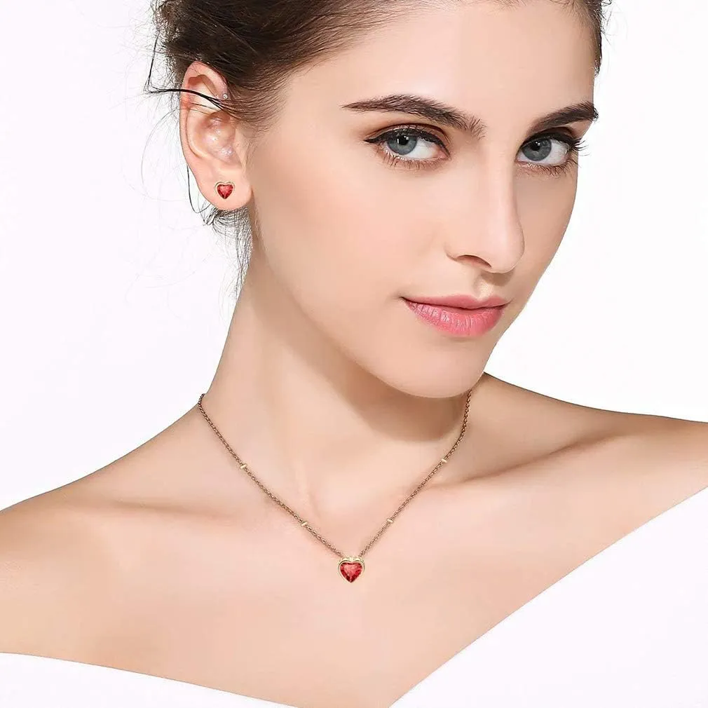 EVEVIC Austrian Crystal Heart Pendant Necklace Earrings for Women 14K Gold Plated Hypoallergenic Jewelry Set