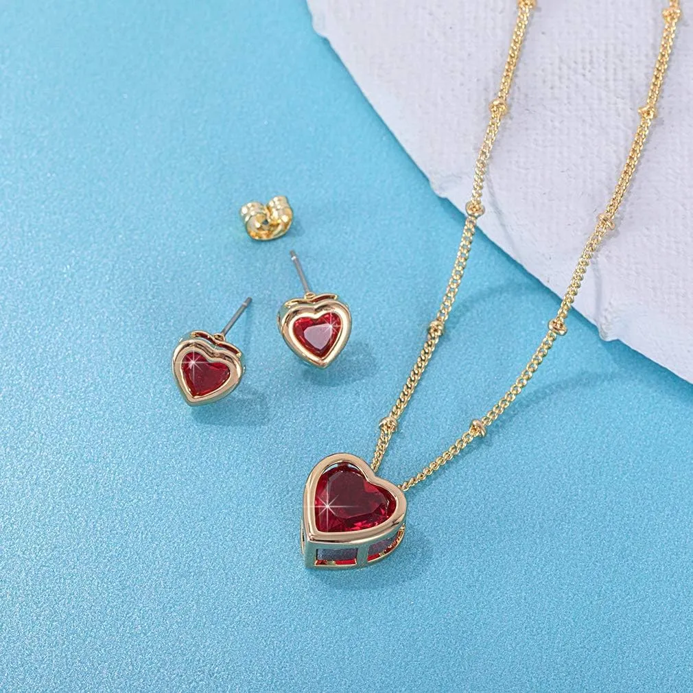 EVEVIC Austrian Crystal Heart Pendant Necklace Earrings for Women 14K Gold Plated Hypoallergenic Jewelry Set