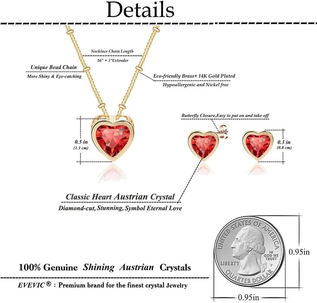 EVEVIC Austrian Crystal Heart Pendant Necklace Earrings for Women 14K Gold Plated Hypoallergenic Jewelry Set
