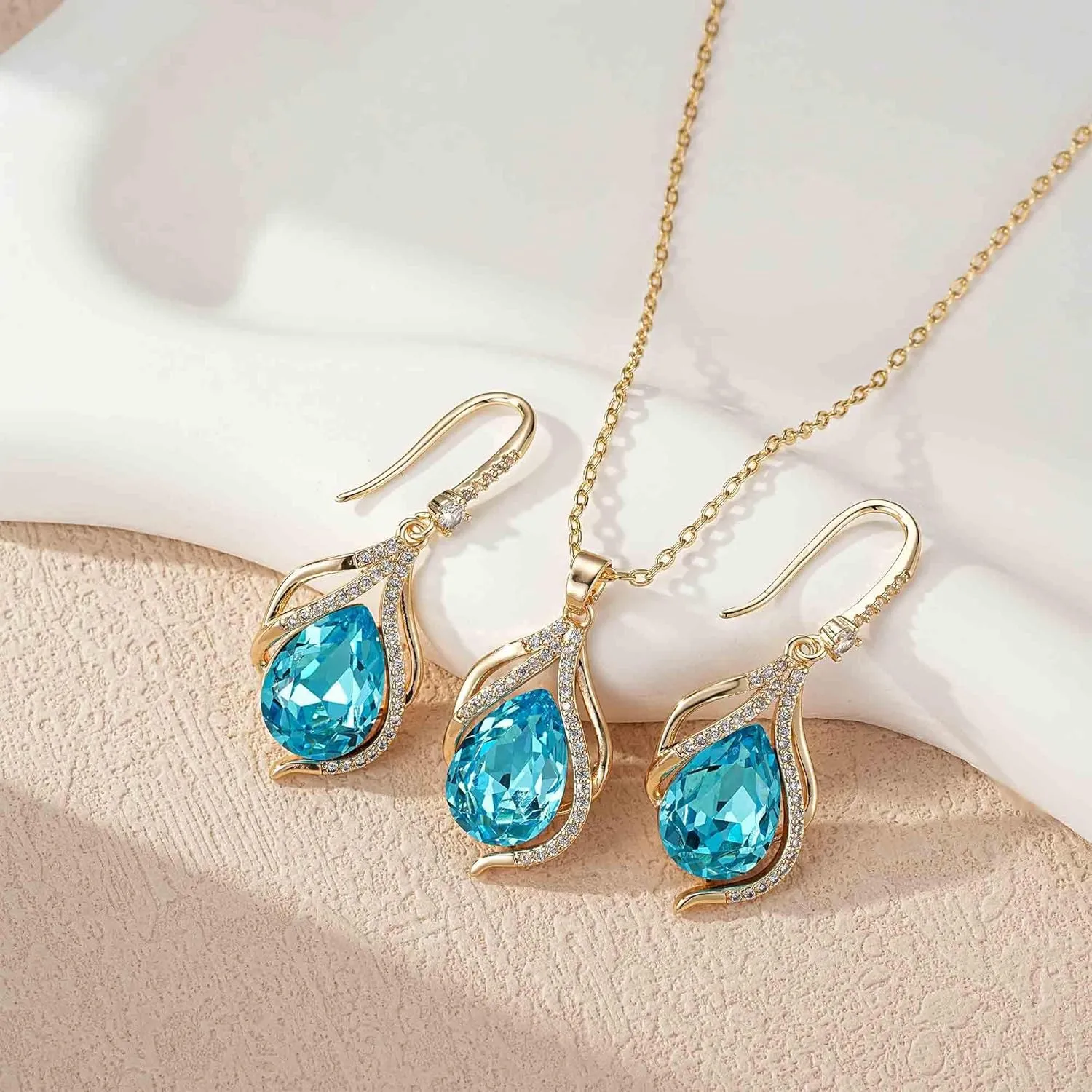 EVEVIC Austrian Crystals Teardrop Hollow Twisted Pendant Necklace Earrings for Women 14K Gold Plated Halo Drop Dangle Earrings Hypoallergenic Jewelry Set