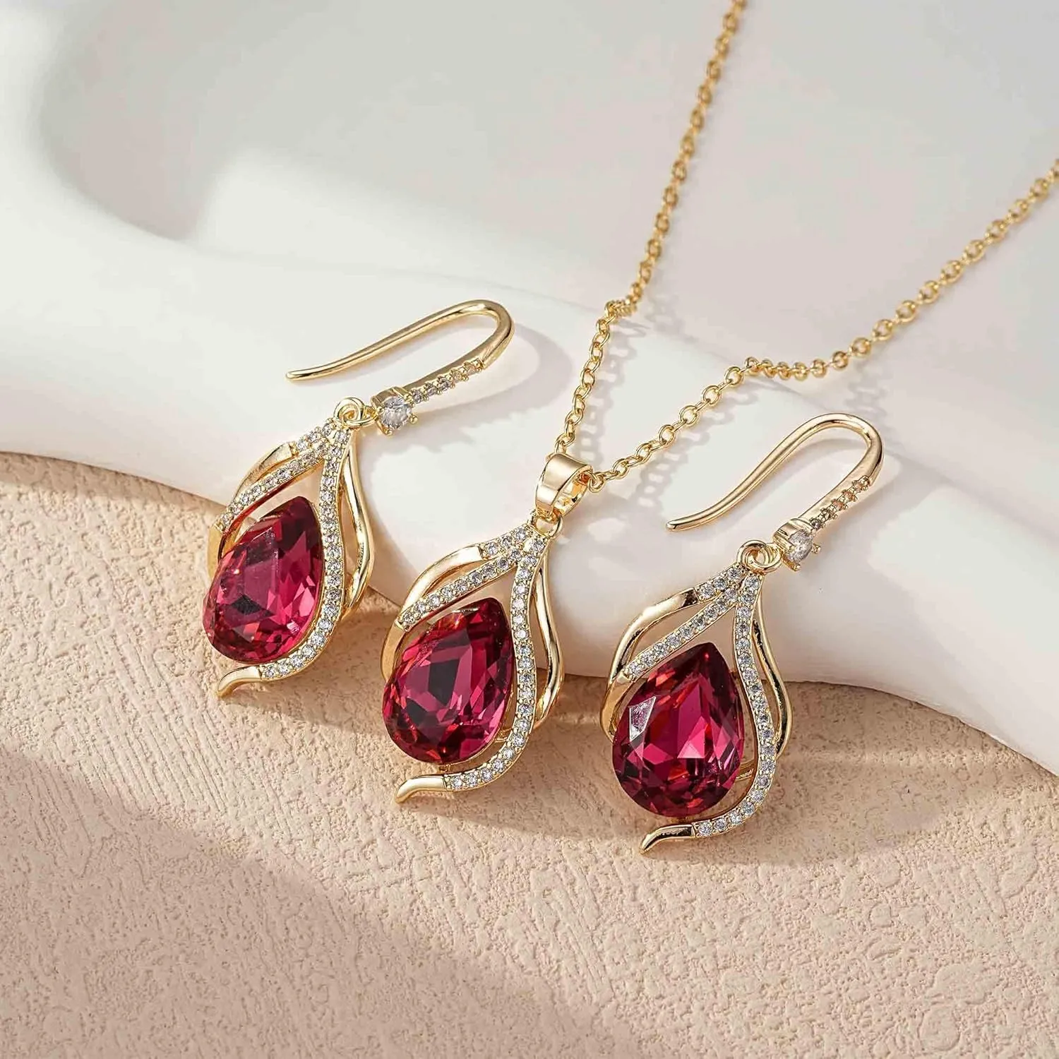 EVEVIC Austrian Crystals Teardrop Hollow Twisted Pendant Necklace Earrings for Women 14K Gold Plated Halo Drop Dangle Earrings Hypoallergenic Jewelry Set
