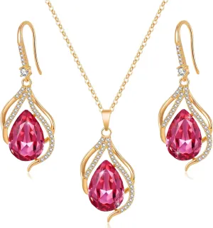 EVEVIC Austrian Crystals Teardrop Hollow Twisted Pendant Necklace Earrings for Women 14K Gold Plated Halo Drop Dangle Earrings Hypoallergenic Jewelry Set