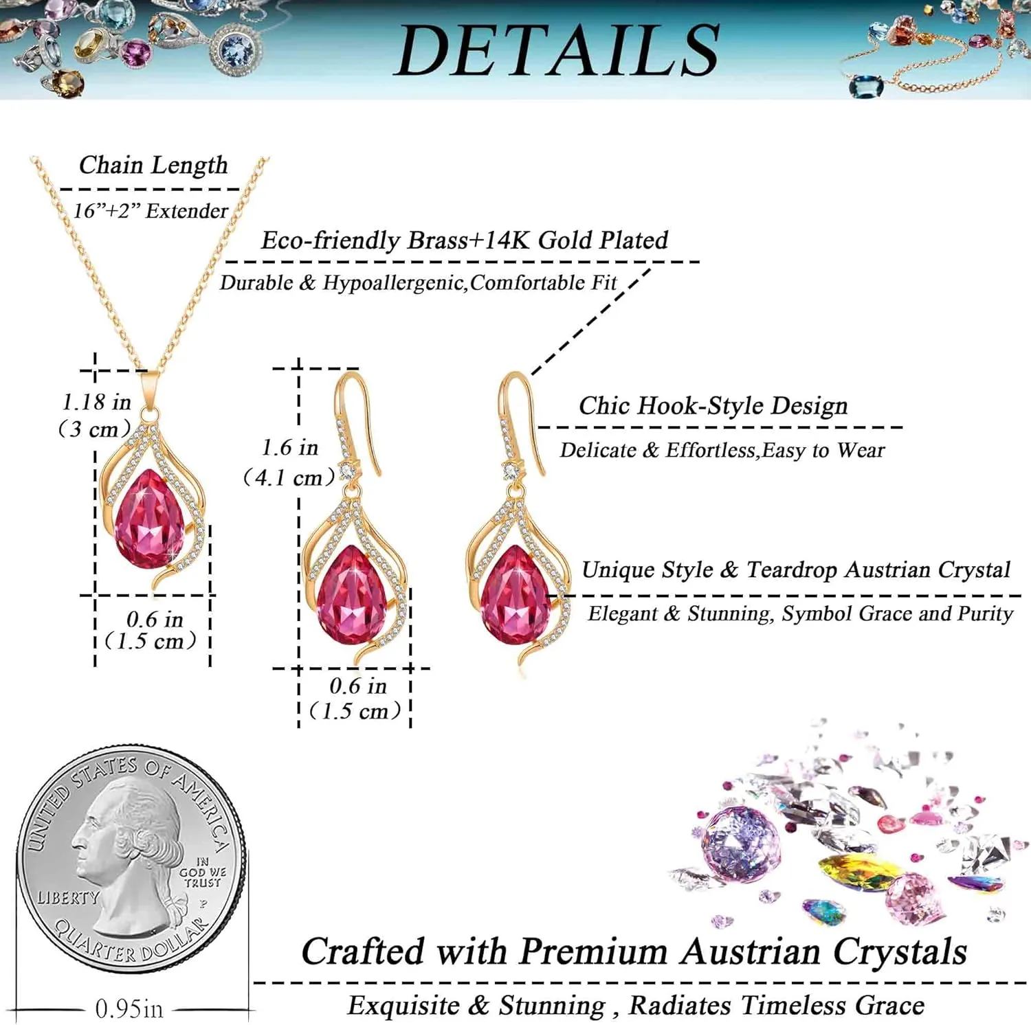 EVEVIC Austrian Crystals Teardrop Hollow Twisted Pendant Necklace Earrings for Women 14K Gold Plated Halo Drop Dangle Earrings Hypoallergenic Jewelry Set
