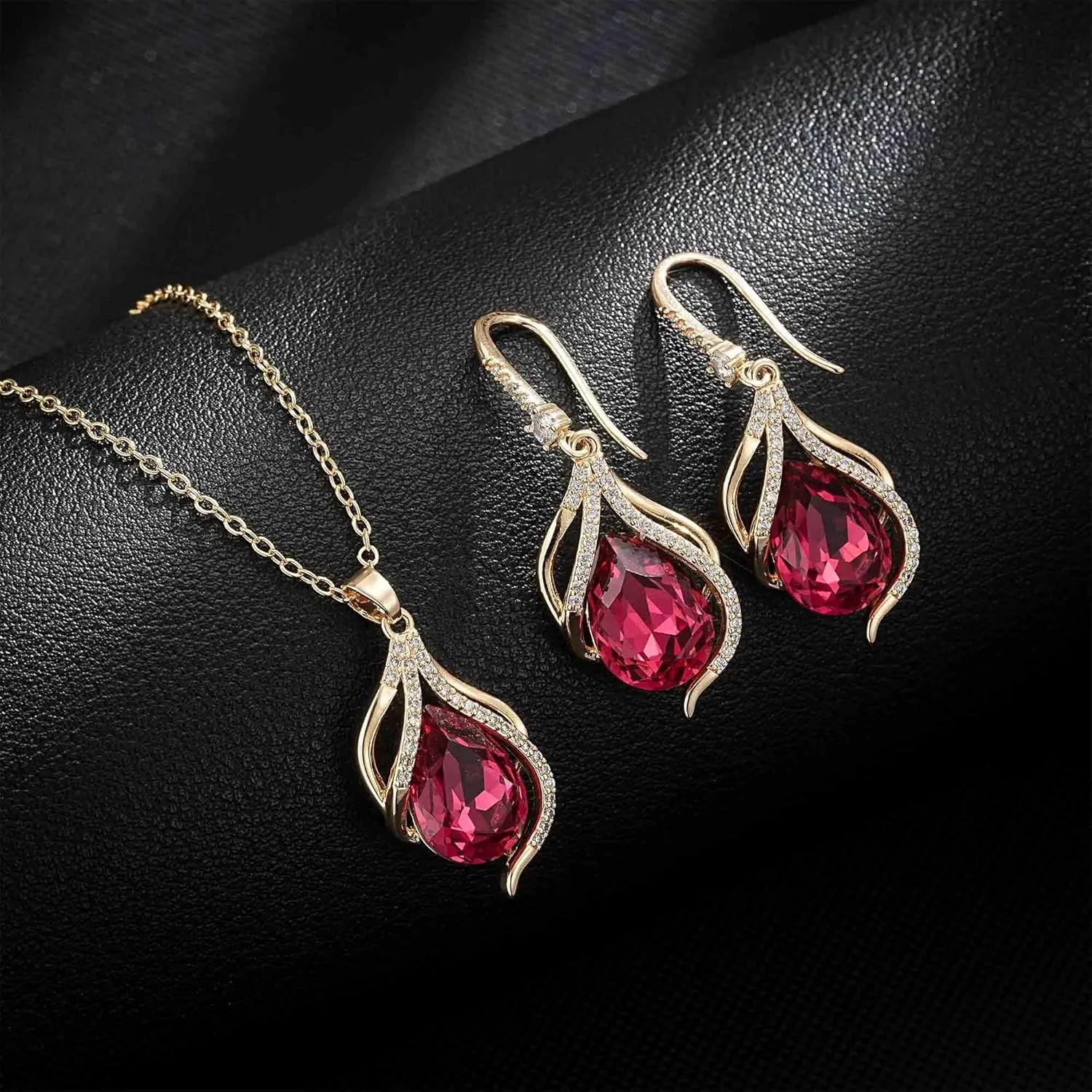 EVEVIC Austrian Crystals Teardrop Hollow Twisted Pendant Necklace Earrings for Women 14K Gold Plated Halo Drop Dangle Earrings Hypoallergenic Jewelry Set