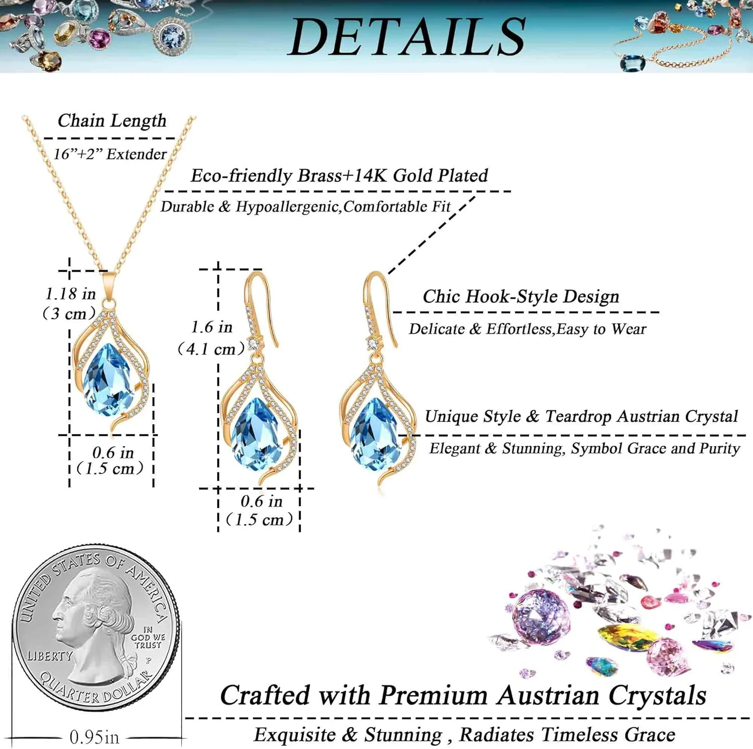 EVEVIC Austrian Crystals Teardrop Hollow Twisted Pendant Necklace Earrings for Women 14K Gold Plated Halo Drop Dangle Earrings Hypoallergenic Jewelry Set