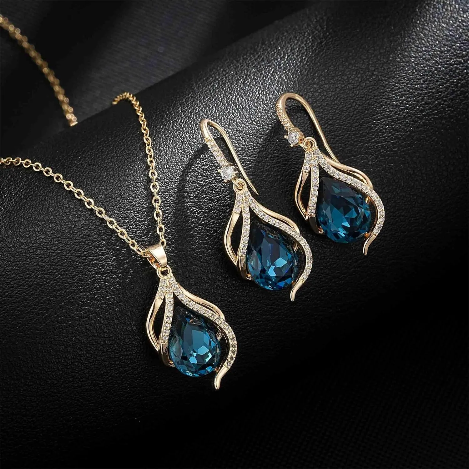 EVEVIC Austrian Crystals Teardrop Hollow Twisted Pendant Necklace Earrings for Women 14K Gold Plated Halo Drop Dangle Earrings Hypoallergenic Jewelry Set